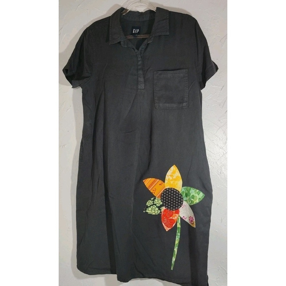 Gap Midi Dress Ladies L Black Flower Applique 70's Vintagey Cotton Summer Boho